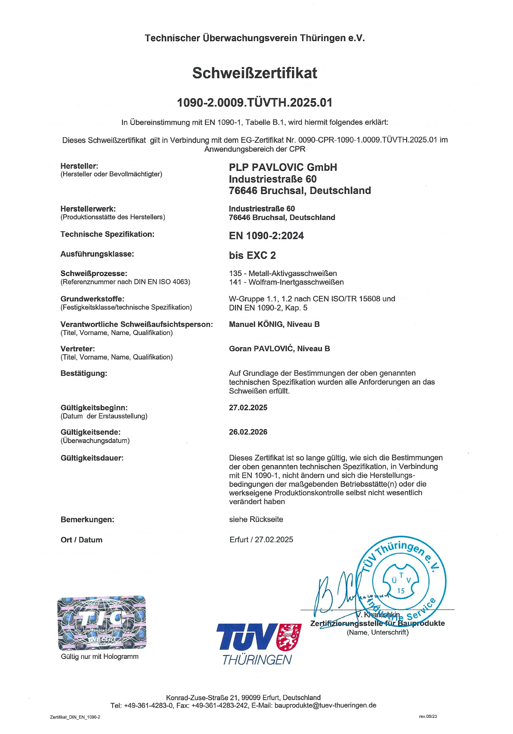 Zertifikat: DIN EN ISO 3834-2
